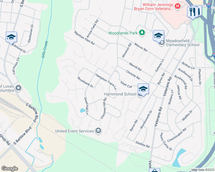 map of restaurants, bars, coffee shops, grocery stores, and more near 104 Chimney Hill Road in Columbia