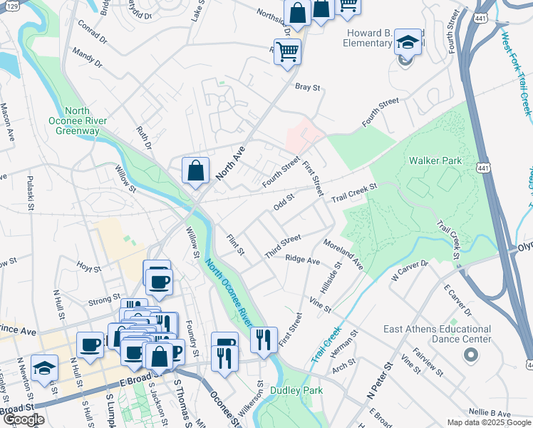 map of restaurants, bars, coffee shops, grocery stores, and more near 260 Griffeth Street in Athens