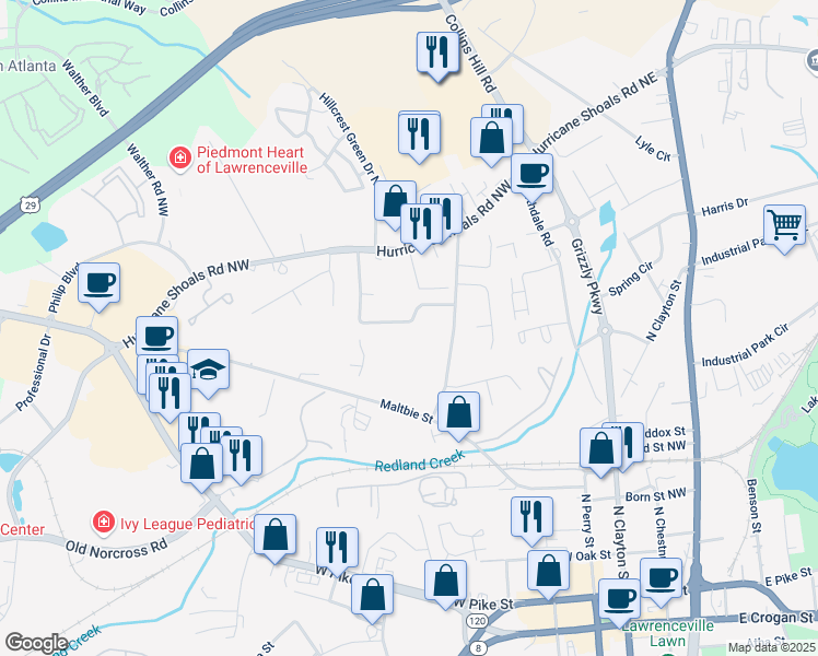 map of restaurants, bars, coffee shops, grocery stores, and more near 410 Downing Street in Lawrenceville