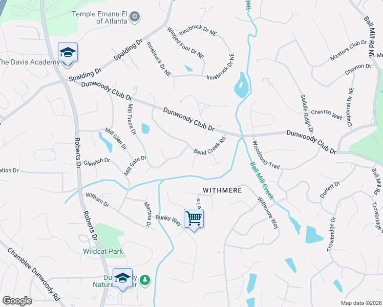 map of restaurants, bars, coffee shops, grocery stores, and more near 5599 Bend Creek Road in Dunwoody