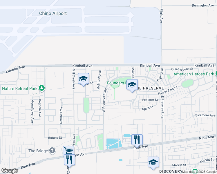 map of restaurants, bars, coffee shops, grocery stores, and more near 8123 Birdfeeder Lane in Chino