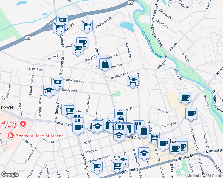 map of restaurants, bars, coffee shops, grocery stores, and more near 362 Barber Street in Athens