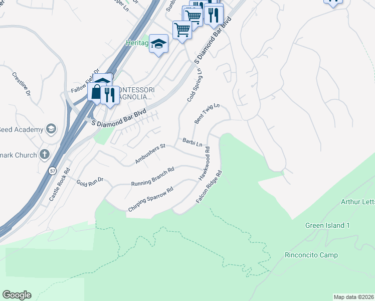 map of restaurants, bars, coffee shops, grocery stores, and more near 21533 Ambushers Street in Diamond Bar