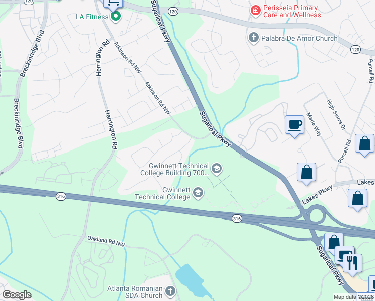 map of restaurants, bars, coffee shops, grocery stores, and more near 1960 Glynmoore Drive in Lawrenceville