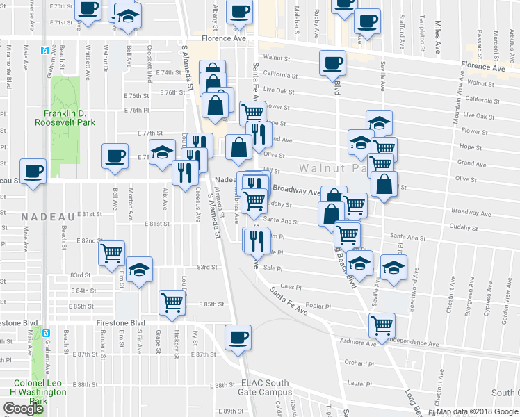 map of restaurants, bars, coffee shops, grocery stores, and more near 8008 Santa Fe Avenue in Huntington Park