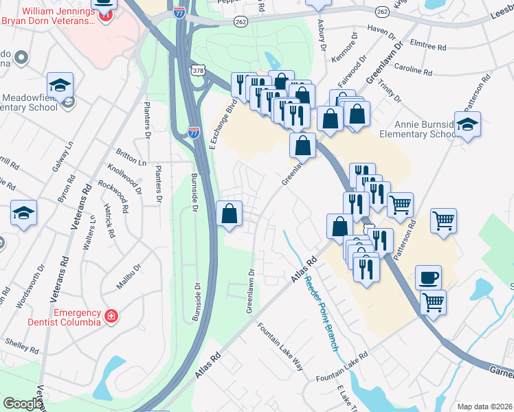 map of restaurants, bars, coffee shops, grocery stores, and more near 222 Forest Green Drive in Columbia