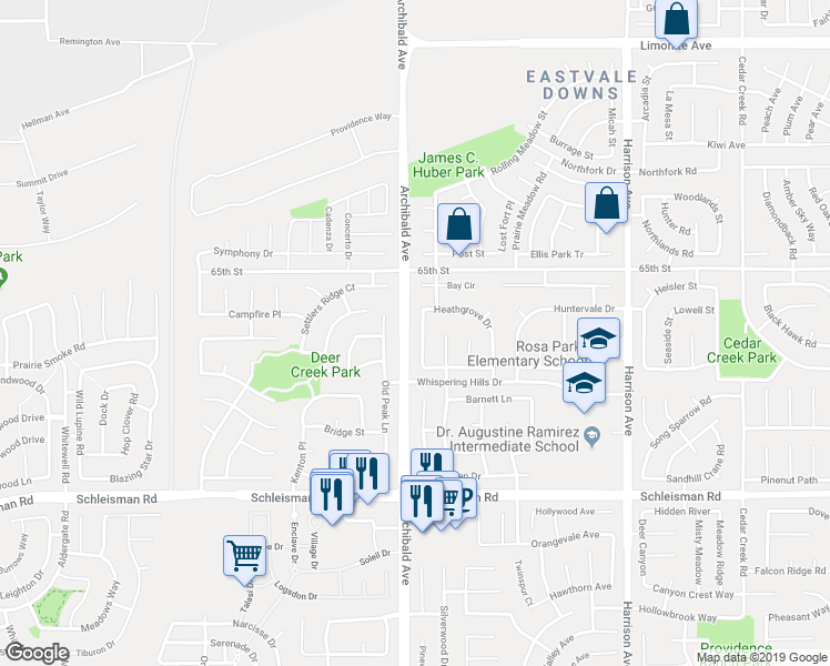 map of restaurants, bars, coffee shops, grocery stores, and more near 6727 Havenhurst Street in Corona