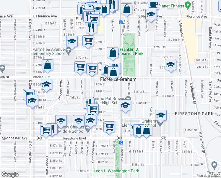 map of restaurants, bars, coffee shops, grocery stores, and more near 1633 East 81st Street in Los Angeles
