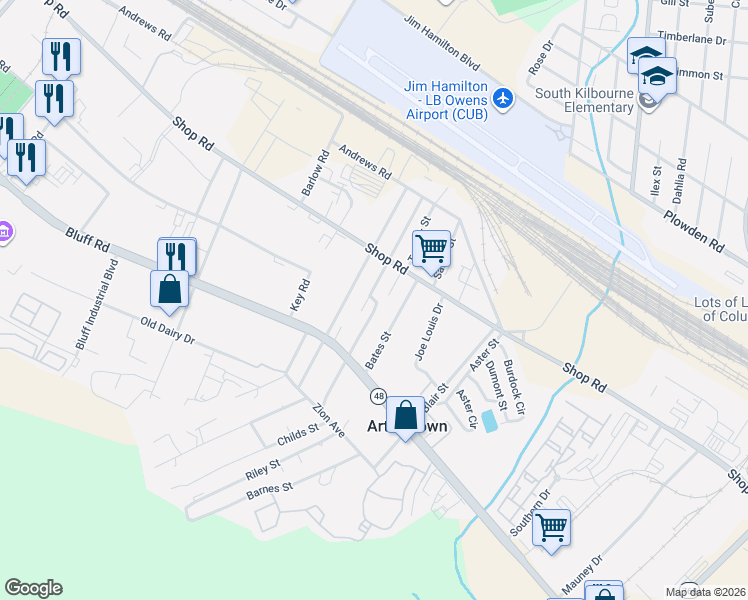 map of restaurants, bars, coffee shops, grocery stores, and more near 1030 Walcott Street in Columbia