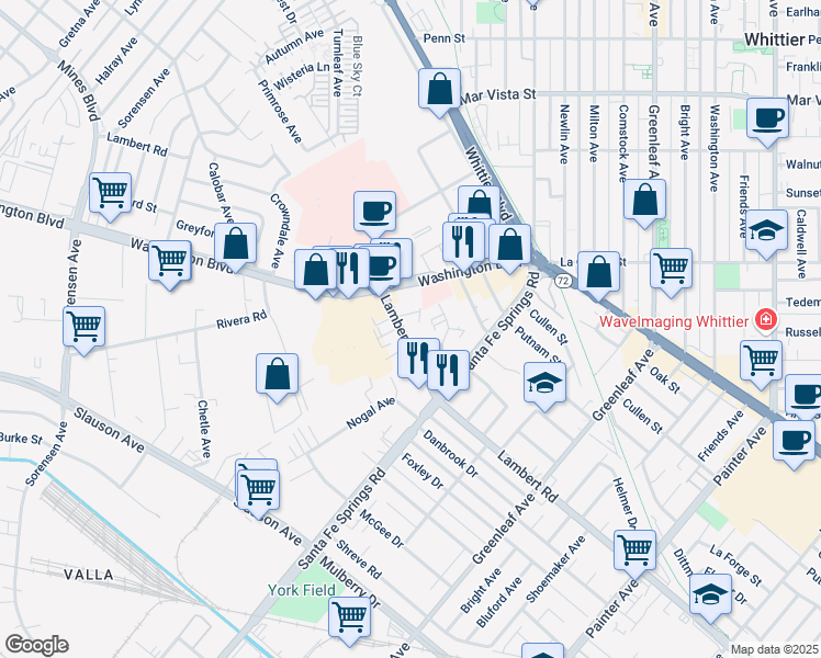 map of restaurants, bars, coffee shops, grocery stores, and more near 12451 Lambert Road in Whittier