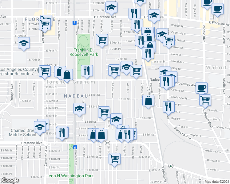 map of restaurants, bars, coffee shops, grocery stores, and more near 8010 Morton Avenue in Los Angeles