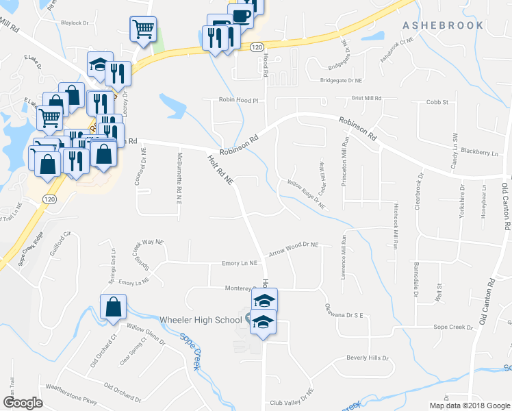map of restaurants, bars, coffee shops, grocery stores, and more near 2535 Raintree Way Northeast in Marietta