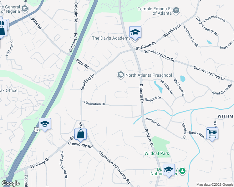 map of restaurants, bars, coffee shops, grocery stores, and more near 1081 Manning Farms Ct in Dunwoody