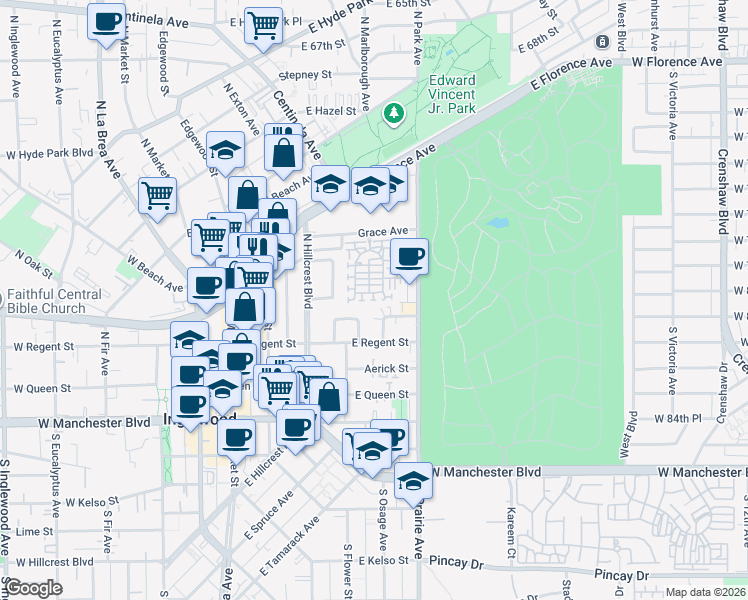 map of restaurants, bars, coffee shops, grocery stores, and more near 670 Daniel Freeman Circle in Inglewood