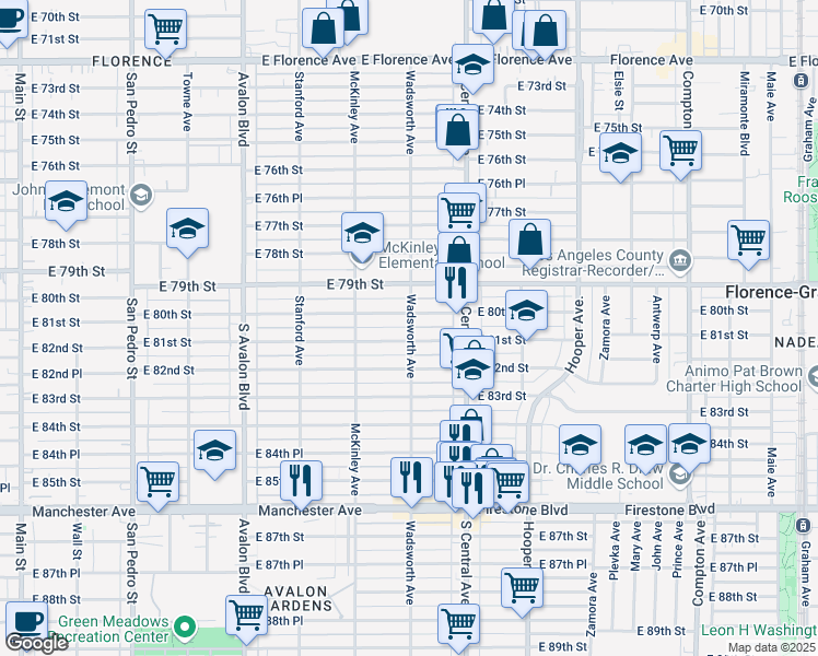 map of restaurants, bars, coffee shops, grocery stores, and more near 8013 Wadsworth Avenue in Los Angeles