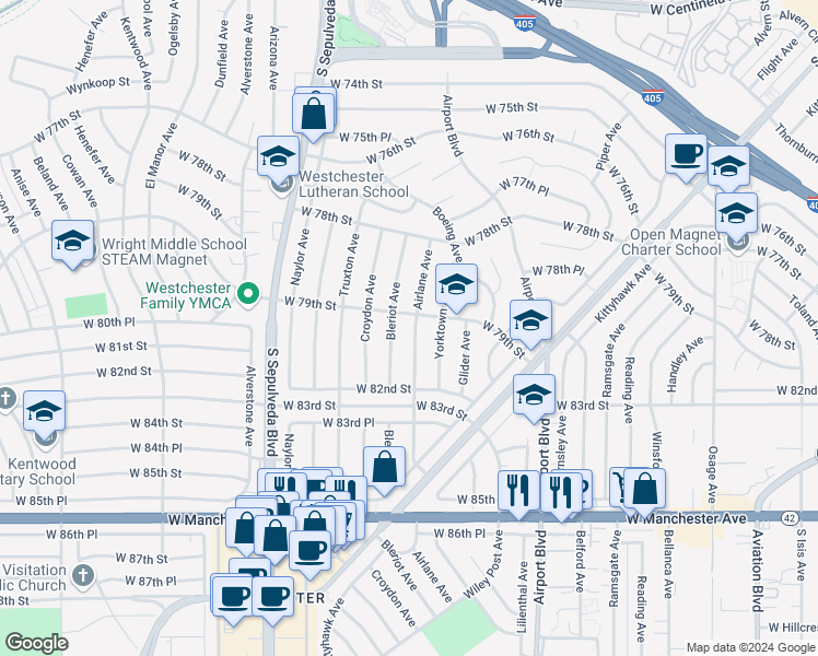 map of restaurants, bars, coffee shops, grocery stores, and more near 7911 Airlane Avenue in Los Angeles