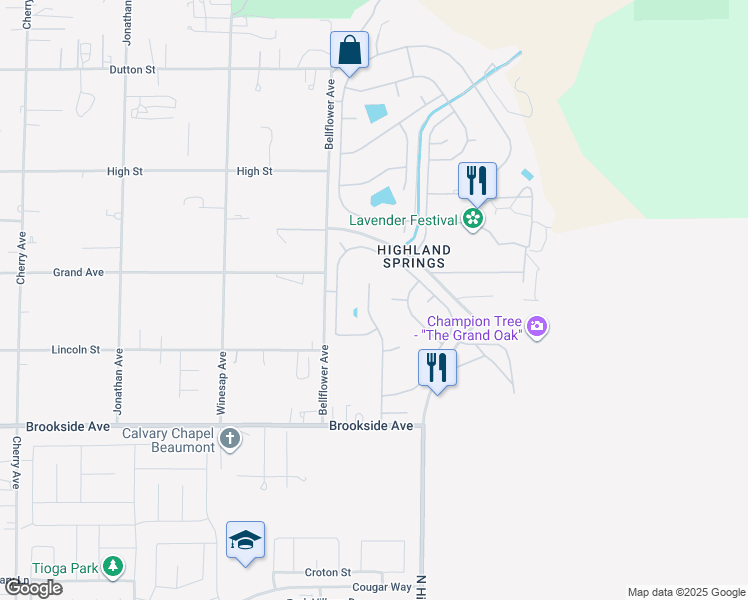map of restaurants, bars, coffee shops, grocery stores, and more near 10700 Deerfield Drive in Cherry Valley