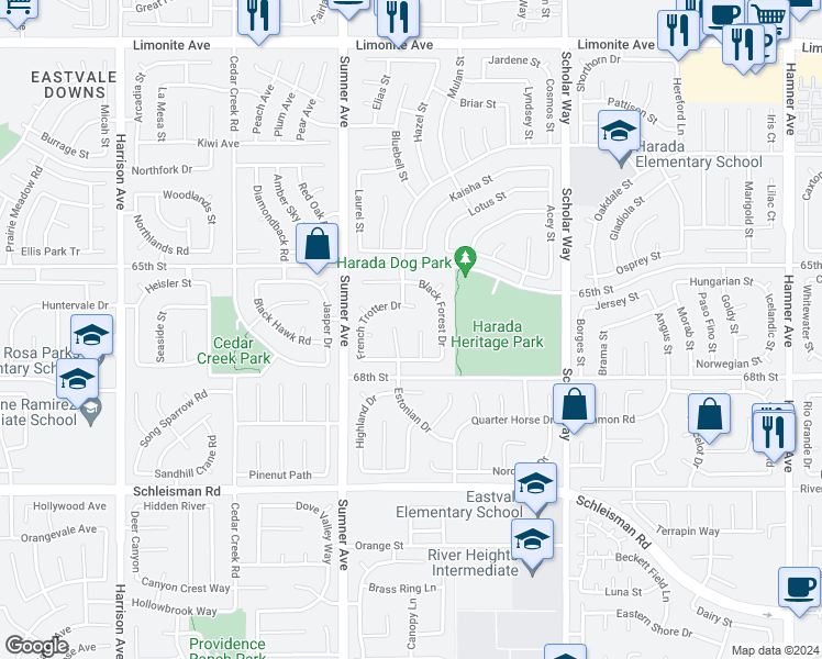 map of restaurants, bars, coffee shops, grocery stores, and more near 6725 Fleuve Drive in Corona