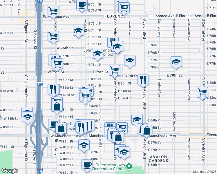 map of restaurants, bars, coffee shops, grocery stores, and more near 234 East 81st Street in Los Angeles