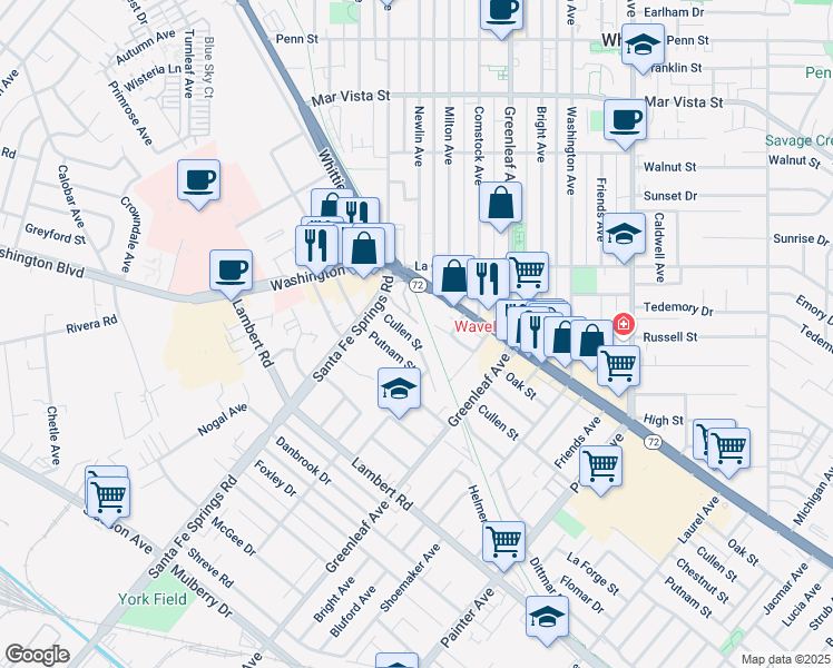 map of restaurants, bars, coffee shops, grocery stores, and more near 12717 Cullen Street in Whittier