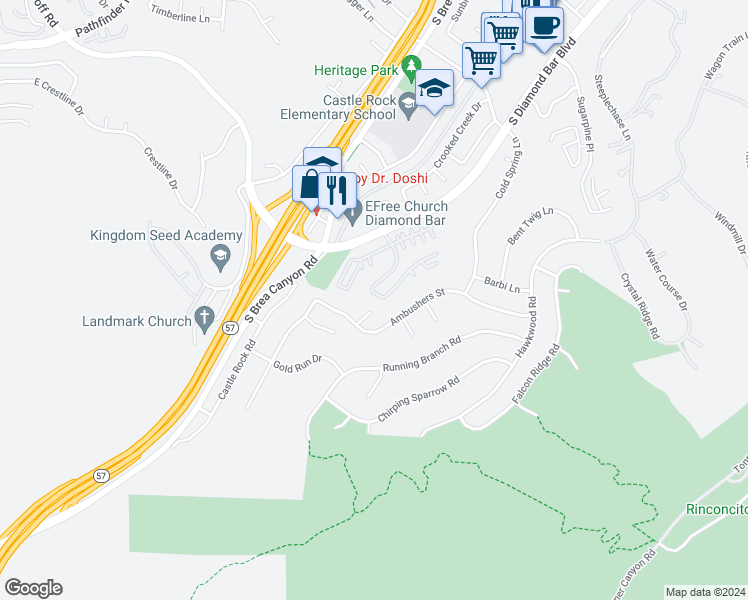 map of restaurants, bars, coffee shops, grocery stores, and more near 21086 Willow Heights Drive in Diamond Bar