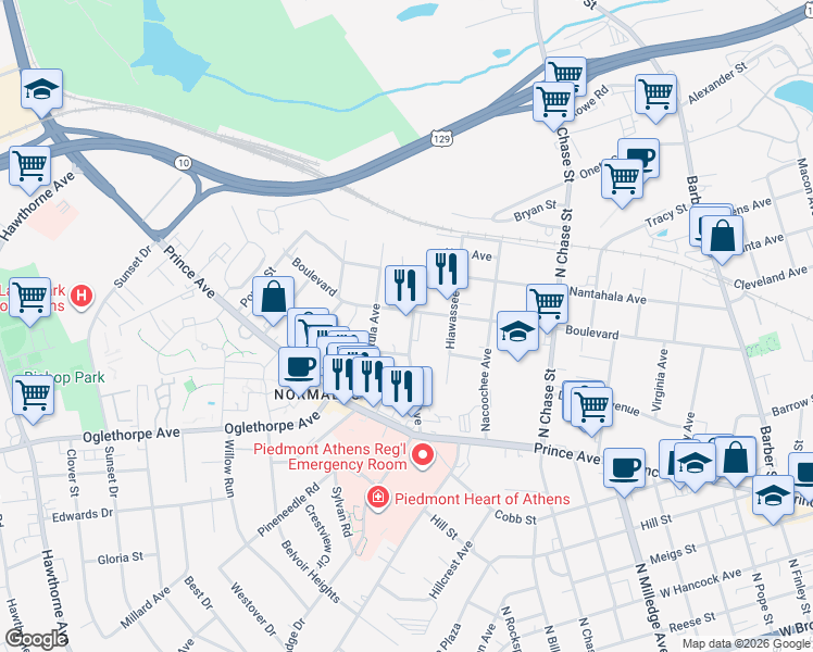 map of restaurants, bars, coffee shops, grocery stores, and more near 195a Park Avenue in Athens