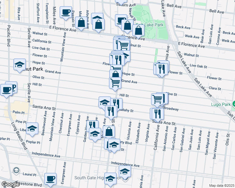 map of restaurants, bars, coffee shops, grocery stores, and more near 7824 State Street in Huntington Park