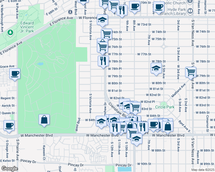 map of restaurants, bars, coffee shops, grocery stores, and more near 3334 West 80th Street in Inglewood