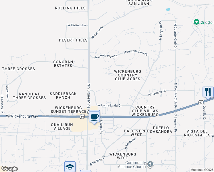 map of restaurants, bars, coffee shops, grocery stores, and more near 1890 West Roderick Lane in Wickenburg