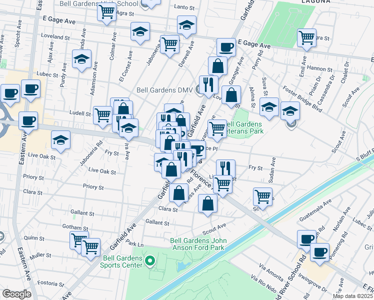 map of restaurants, bars, coffee shops, grocery stores, and more near 7215 Granger Avenue in Bell Gardens