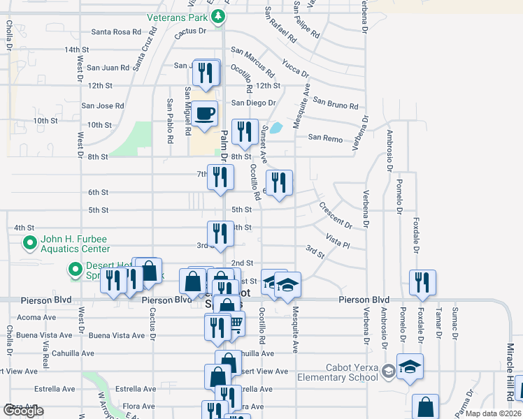 map of restaurants, bars, coffee shops, grocery stores, and more near Ocotillo Road & 5th Street in Desert Hot Springs
