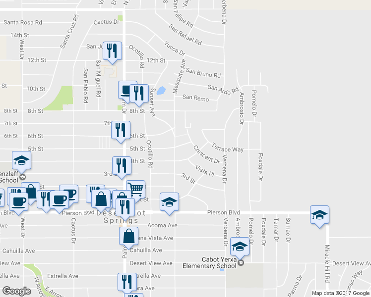 map of restaurants, bars, coffee shops, grocery stores, and more near 66823 5th Street in Desert Hot Springs