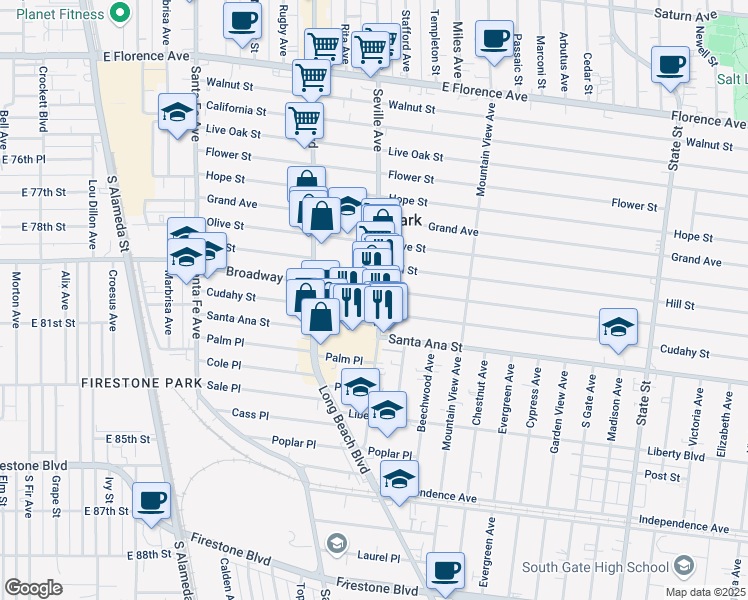 map of restaurants, bars, coffee shops, grocery stores, and more near 7915 Seville Avenue in Huntington Park