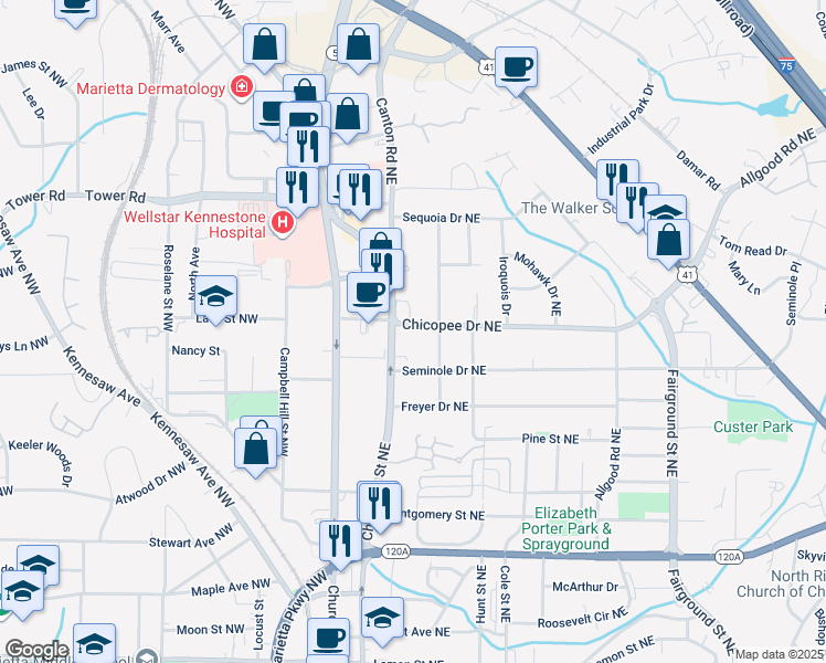 map of restaurants, bars, coffee shops, grocery stores, and more near 192 Chicopee Drive Northeast in Marietta