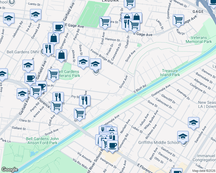 map of restaurants, bars, coffee shops, grocery stores, and more near 6844 Suva Street in Bell Gardens