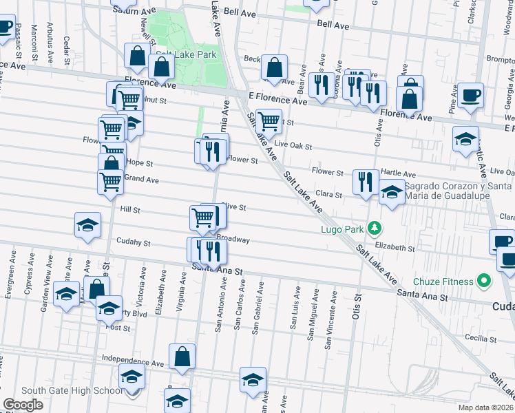 map of restaurants, bars, coffee shops, grocery stores, and more near 3709 Olive Street in Huntington Park