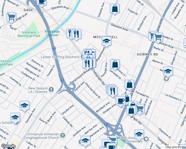 map of restaurants, bars, coffee shops, grocery stores, and more near 8535 Parrot Avenue in Downey