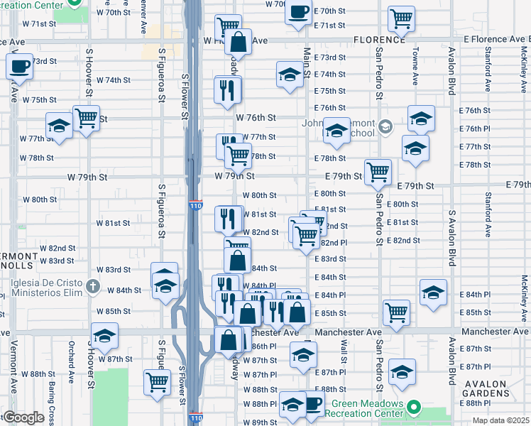 map of restaurants, bars, coffee shops, grocery stores, and more near 209 West 81st Street in Los Angeles