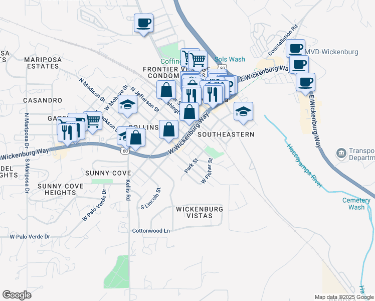 map of restaurants, bars, coffee shops, grocery stores, and more near 30 South Mesquite Street in Wickenburg