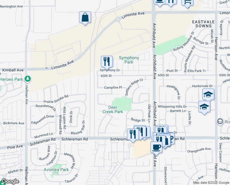 map of restaurants, bars, coffee shops, grocery stores, and more near 14452 Sleepy Creek Drive in Eastvale