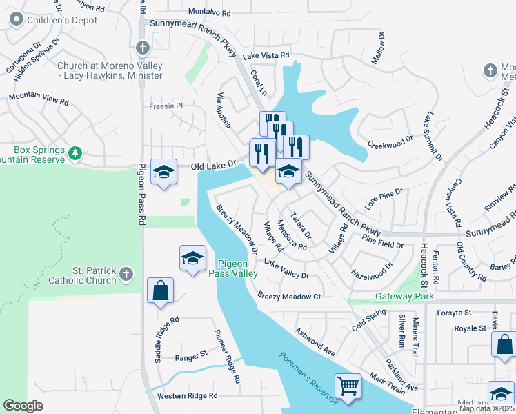 map of restaurants, bars, coffee shops, grocery stores, and more near 10660 Ridgefield Terrace in Moreno Valley