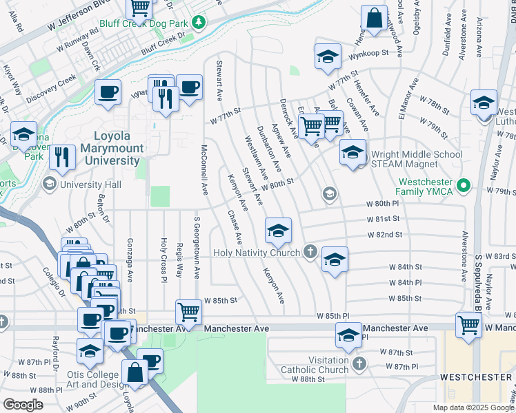 map of restaurants, bars, coffee shops, grocery stores, and more near 8025 Stewart Avenue in Los Angeles