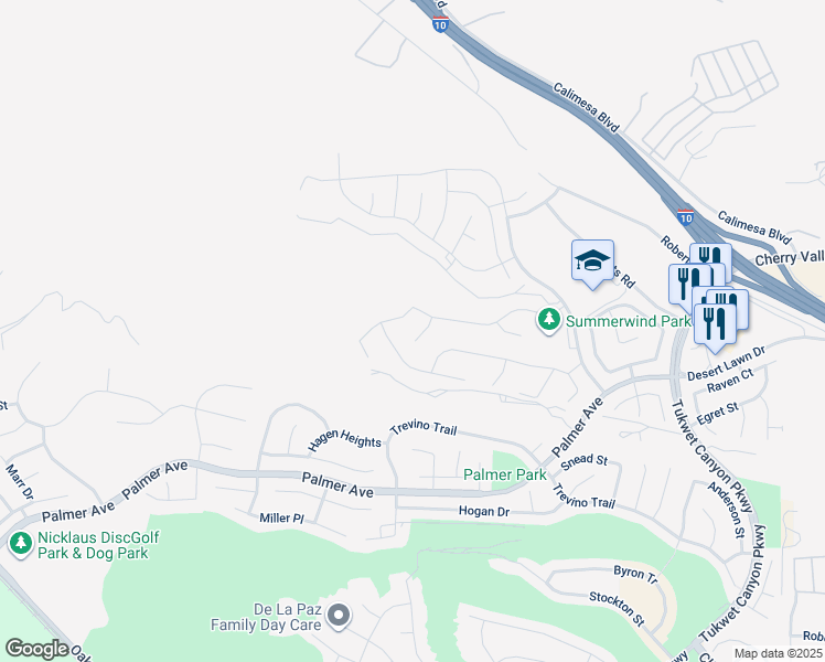 map of restaurants, bars, coffee shops, grocery stores, and more near 1535 Overcup Court in Calimesa