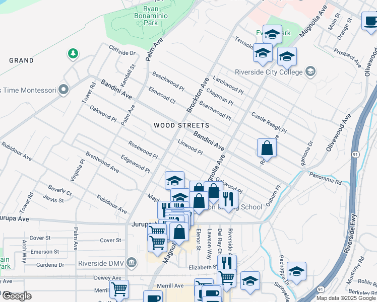 map of restaurants, bars, coffee shops, grocery stores, and more near 3992 Linwood Place in Riverside