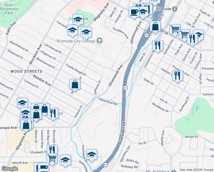 map of restaurants, bars, coffee shops, grocery stores, and more near 5134 Olivewood Avenue in Riverside