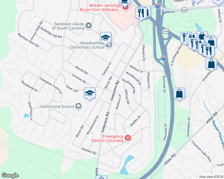 map of restaurants, bars, coffee shops, grocery stores, and more near 700 Walters Lane in Columbia