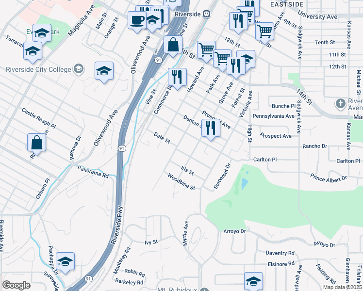 map of restaurants, bars, coffee shops, grocery stores, and more near 4778 Park Avenue in Riverside