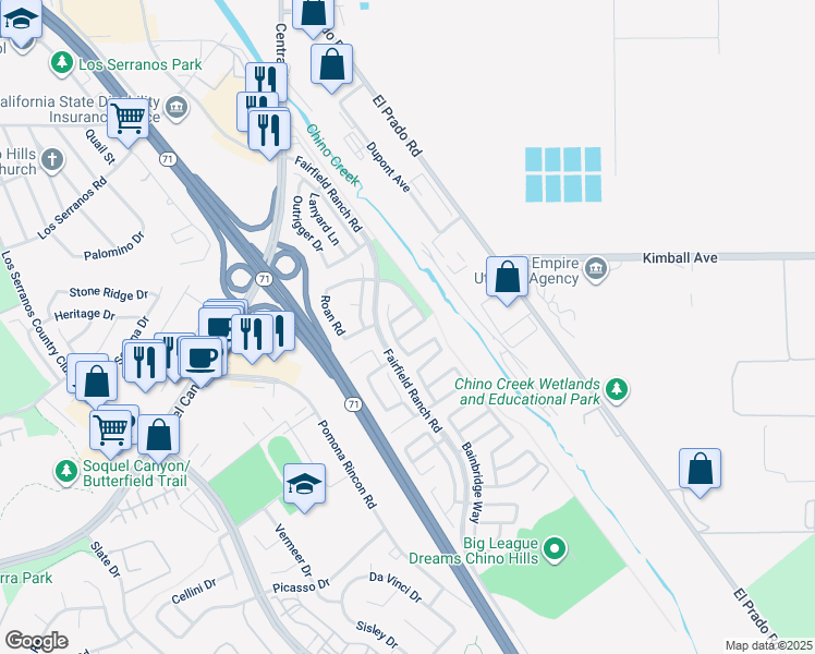 map of restaurants, bars, coffee shops, grocery stores, and more near 5554 Newbriar Way in Chino Hills
