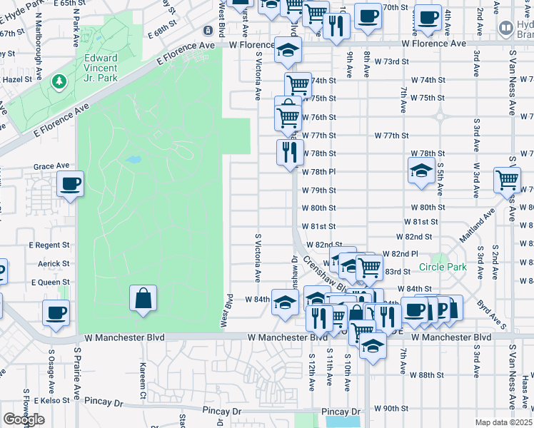 map of restaurants, bars, coffee shops, grocery stores, and more near 3436 West 80th Street in Inglewood