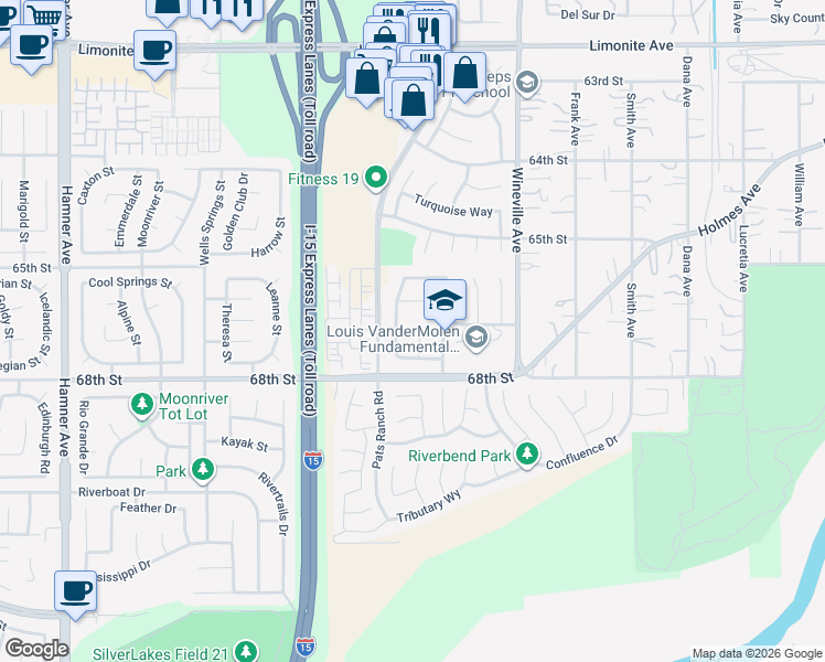map of restaurants, bars, coffee shops, grocery stores, and more near 6696 Morganite Court in Jurupa Valley